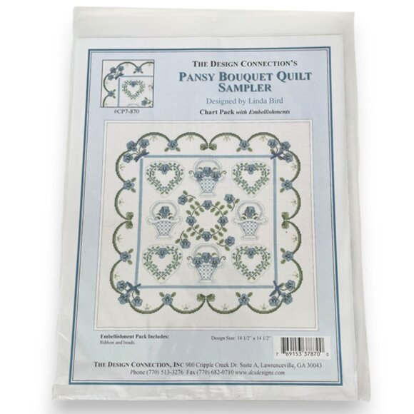Cross Stitch Pansy Bouquet Quilt Sampler Pattern by Linda Bird with bead pack - Picture 1 of 4